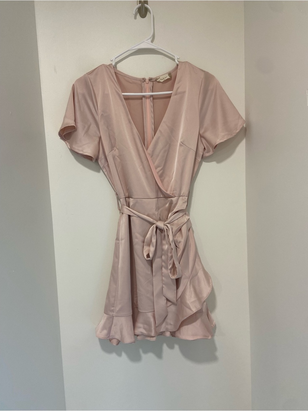 Altar'd State Soft Blush Satin Wrap Mini Dress - Picture 2 of 4
